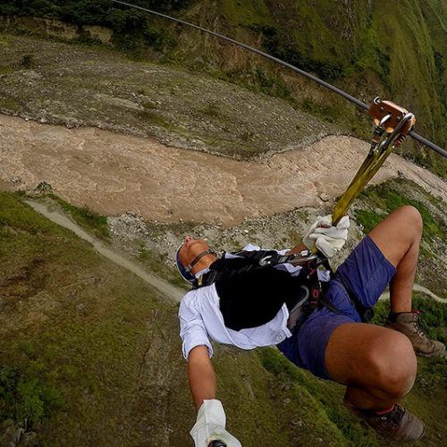 zipline, climbing rock and suspension bridge in the salkantay trek